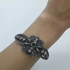 Victorian 14k Emerald & 3.25 CT Diamond Bangle Bracelet 7 Inches